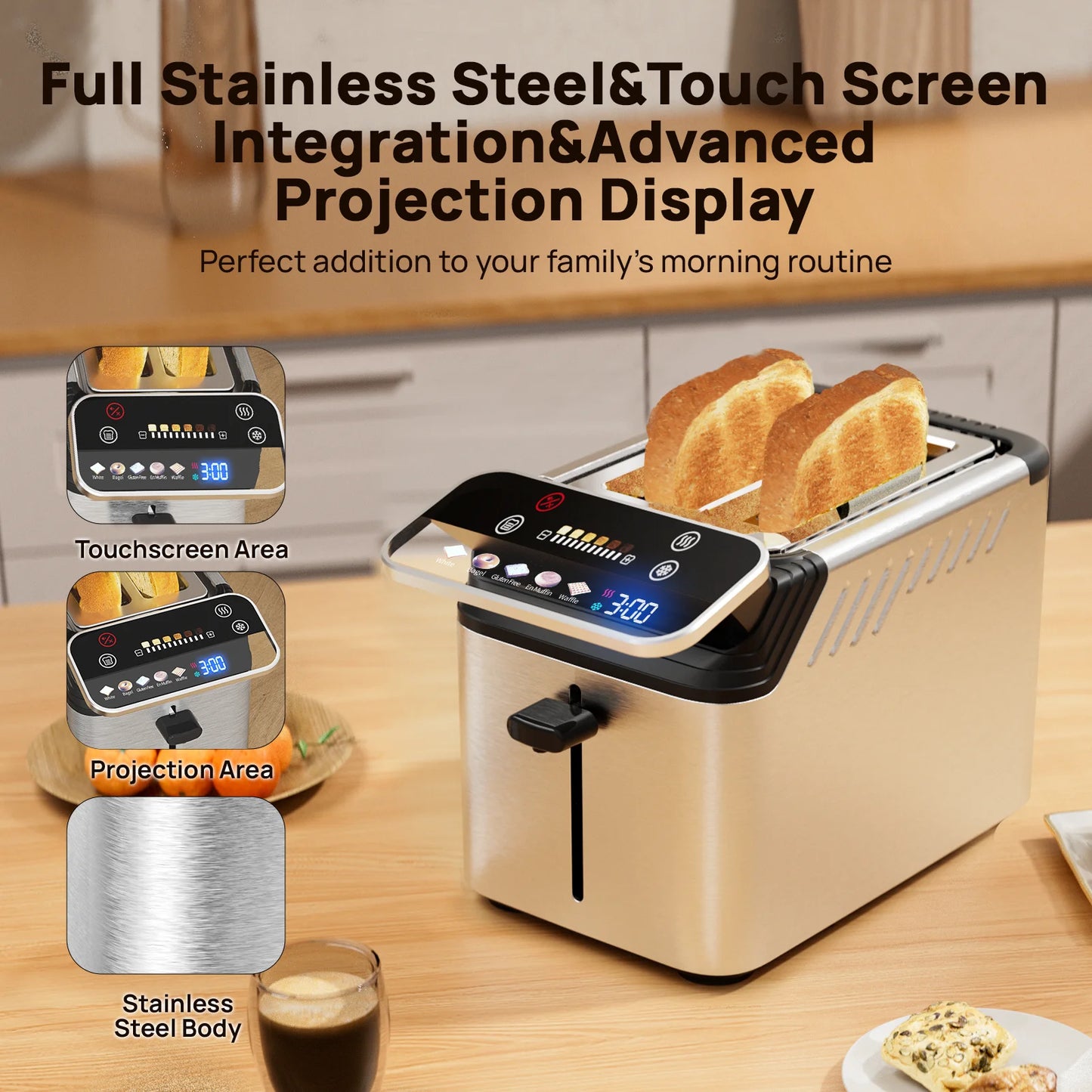 WHALL Stainless Steel Toaster With Smart Screen And Five Functions