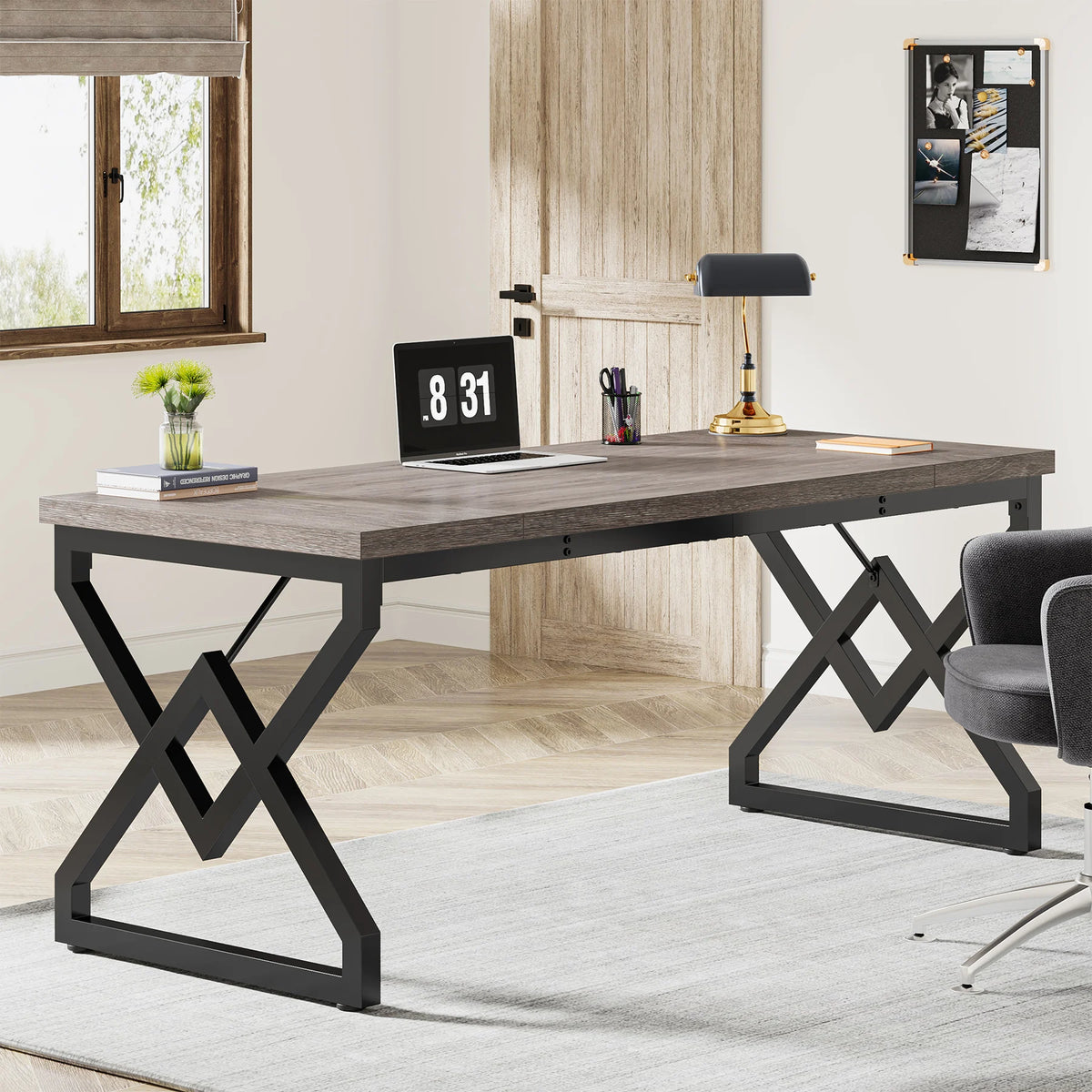 Tribesigns Industrial Executive Office Desk With Dual Monitor Metal Frame
