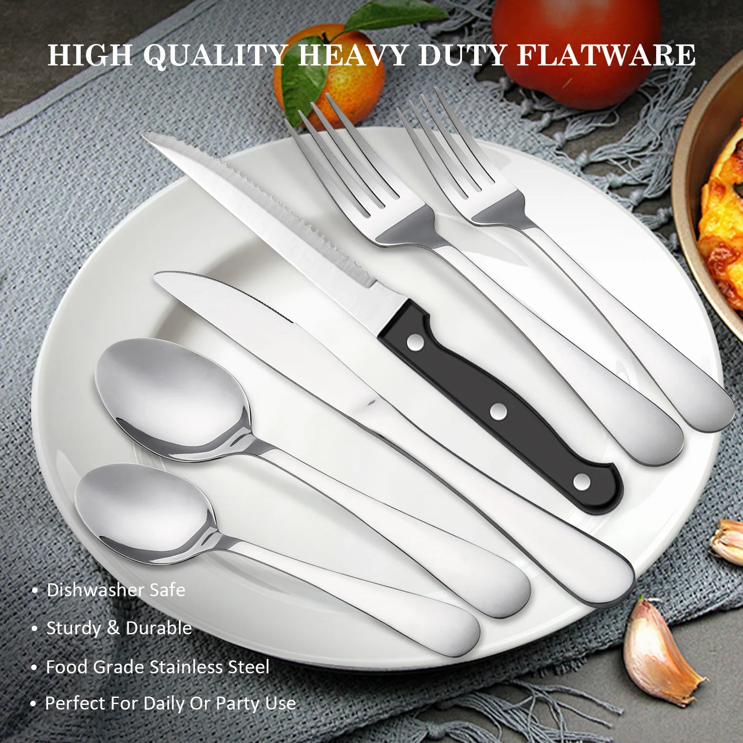 24 Piece Stainless Steel Flatware Set For Four With Steak Knives And Dinner Forks