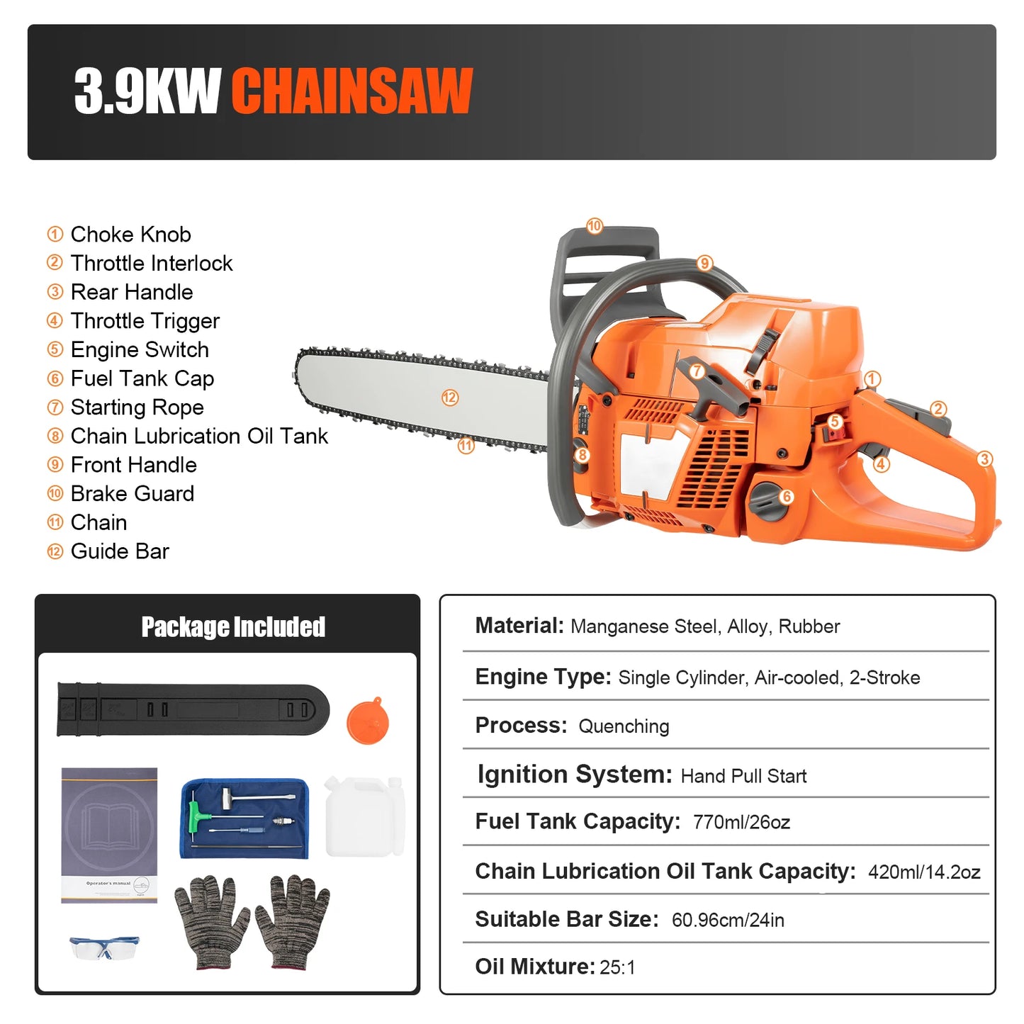 Gas Chainsaw 72cc 3900W 2-Stroke Handheld Wood Cutting