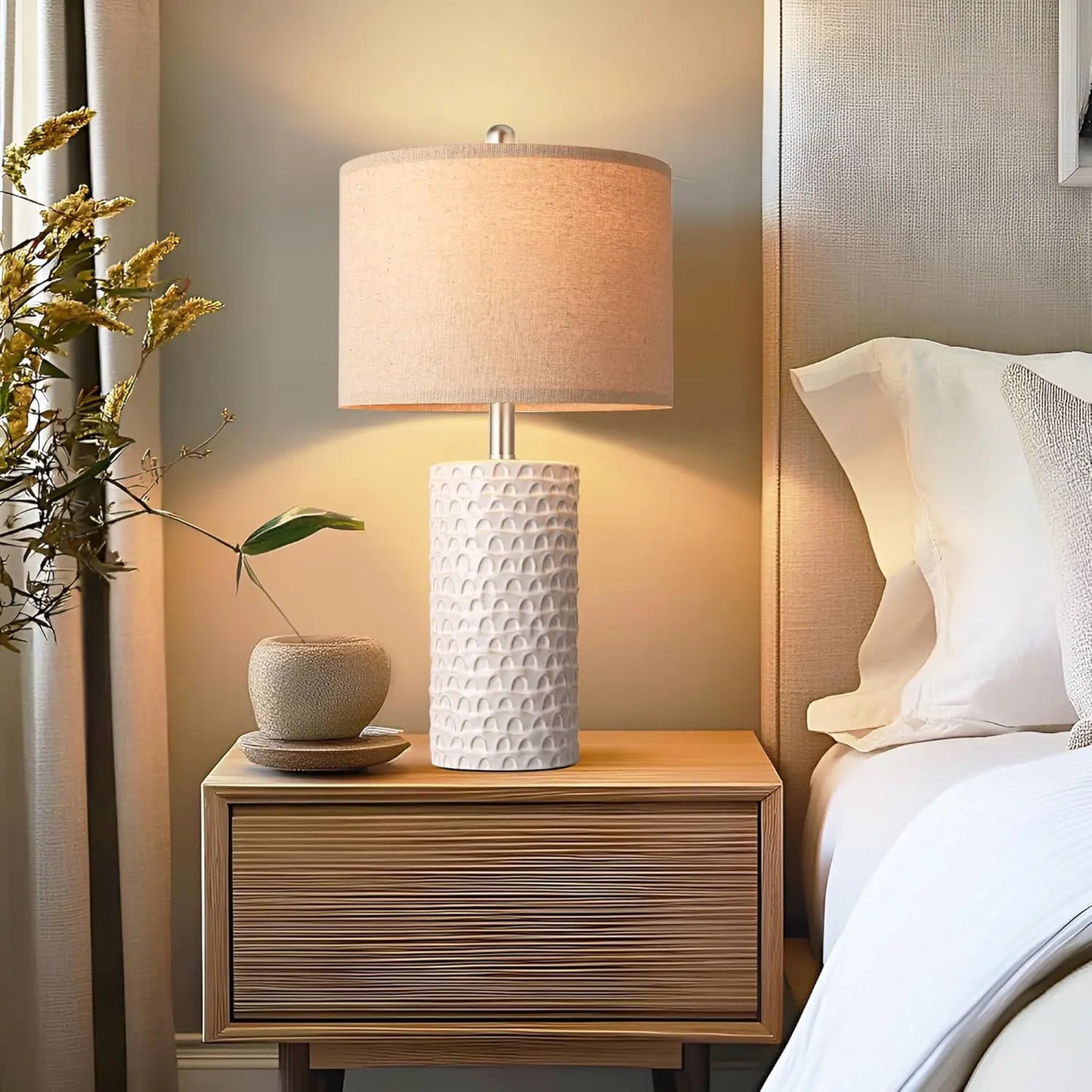 Modern Ceramic Table Lamp Set of 2, Rustic Farmhouse Lamps
