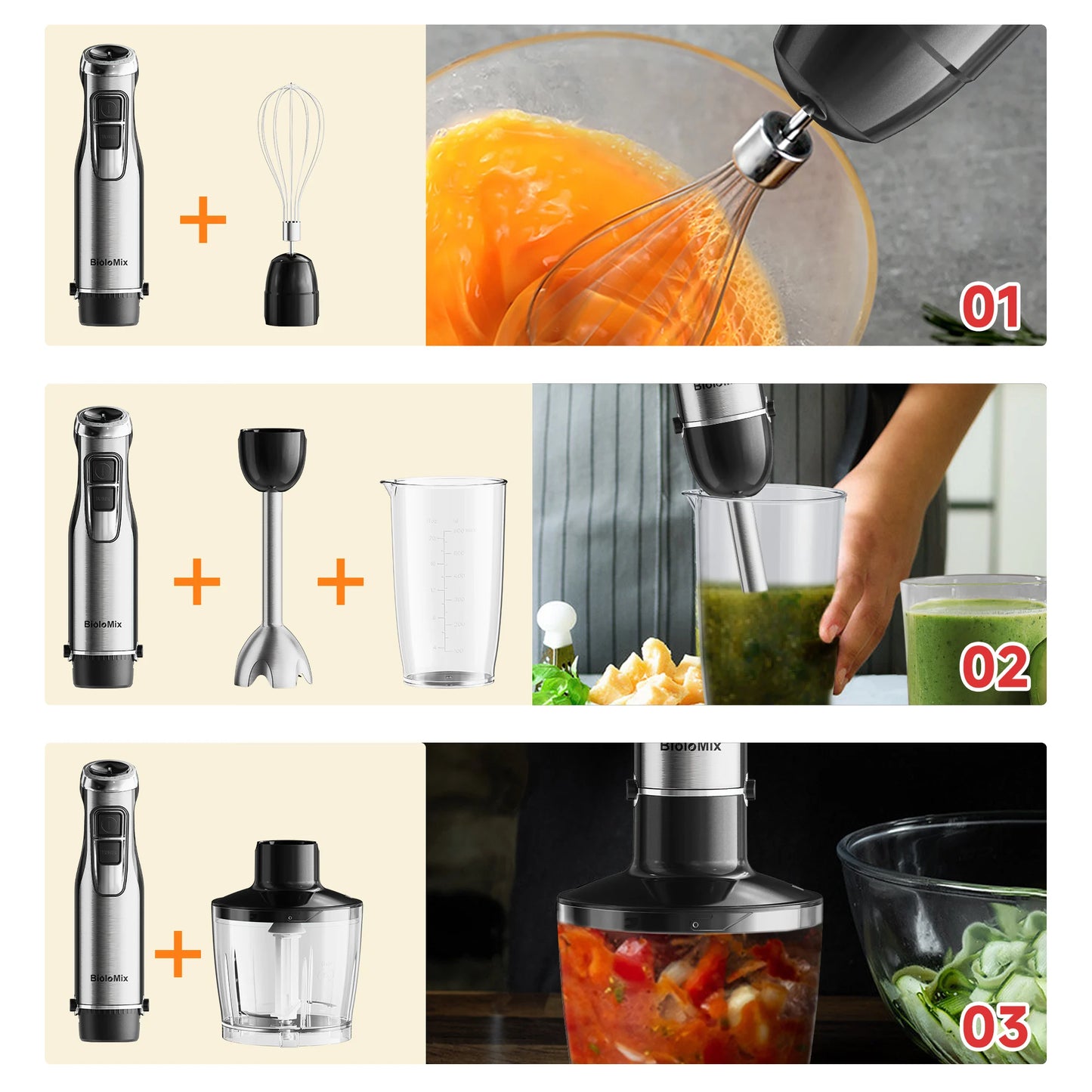 Biolomix 4 In 1 1200W Immersion Hand Blender With Chopper 6 Speeds Turbo Kit Includes 600ml Beaker