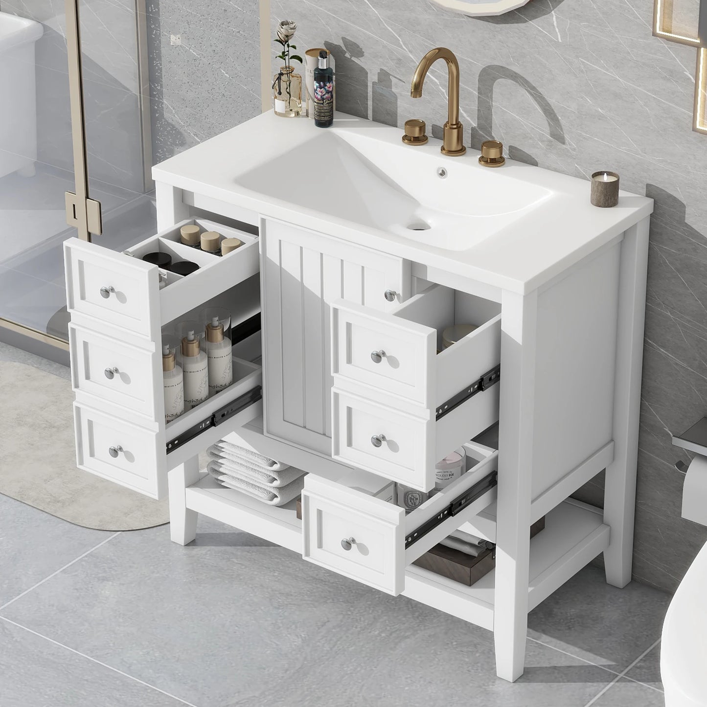 36" Bathroom Vanity with Sink, Free Standing Single Basin Vanity Set with a Soft Closing Door and 3 Drawers, Bathroom Table