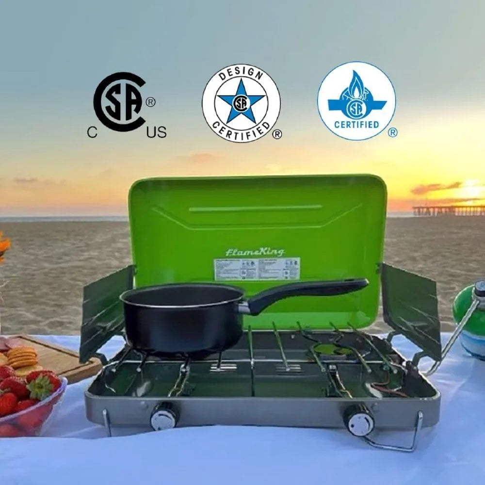 XMSJ Dual Burner Camping Stove 20000 BTU Electronic Ignition Wind Shield