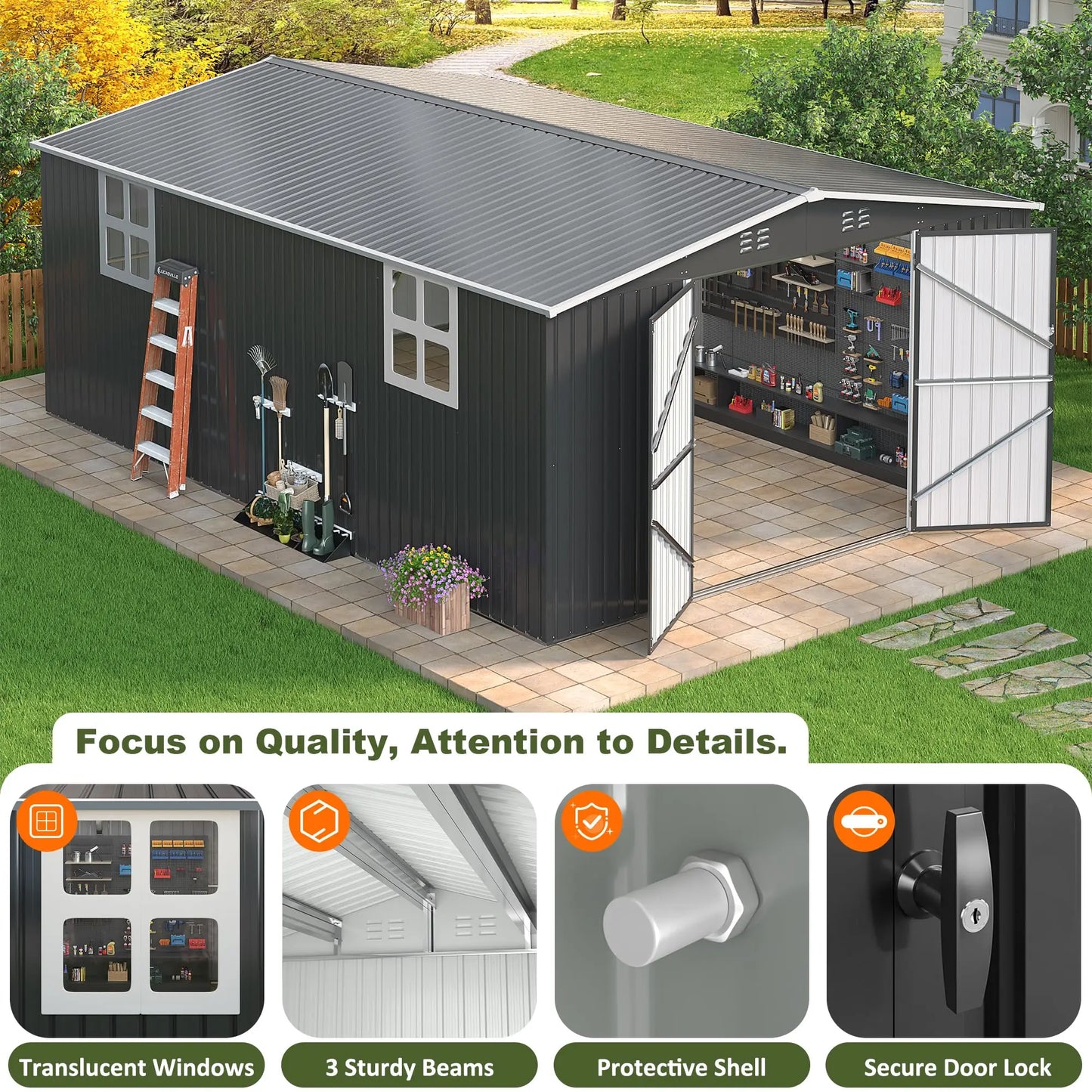 VIWAT Outdoor Metal Storage Shed Lockable Door Weatherproof Durable Construction For Tools Bicycles Lawn Equipment