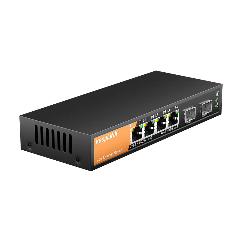 KeepLiNK Six Port Multi Gig Unmanaged Ethernet Switch With Four 2 Point 5 Gb RJ45 Ports And Two 10 Gb SFP Plus Uplinks