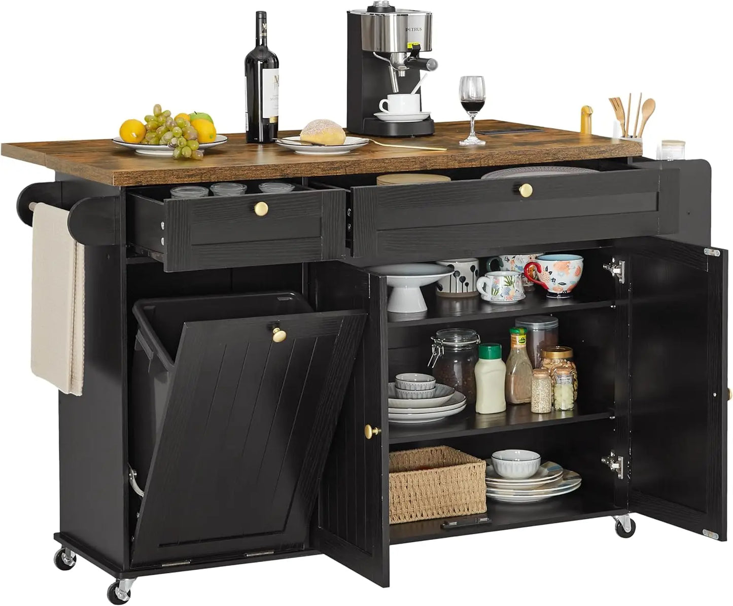 ONBRILL Mobile Kitchen Island Cart With Power Outlet SpiceRackWithTowelRackAndStorageDrawer