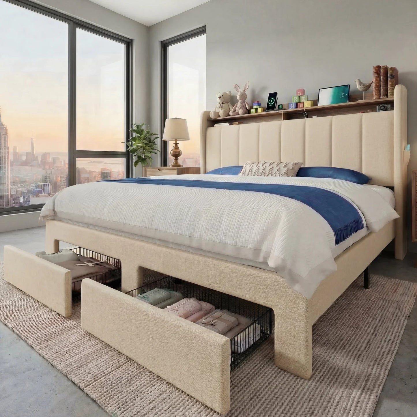 HOOMIC Bed Frame With LED Lights Charging Station 2 Drawers RGB Headboard Lighting Remote Control