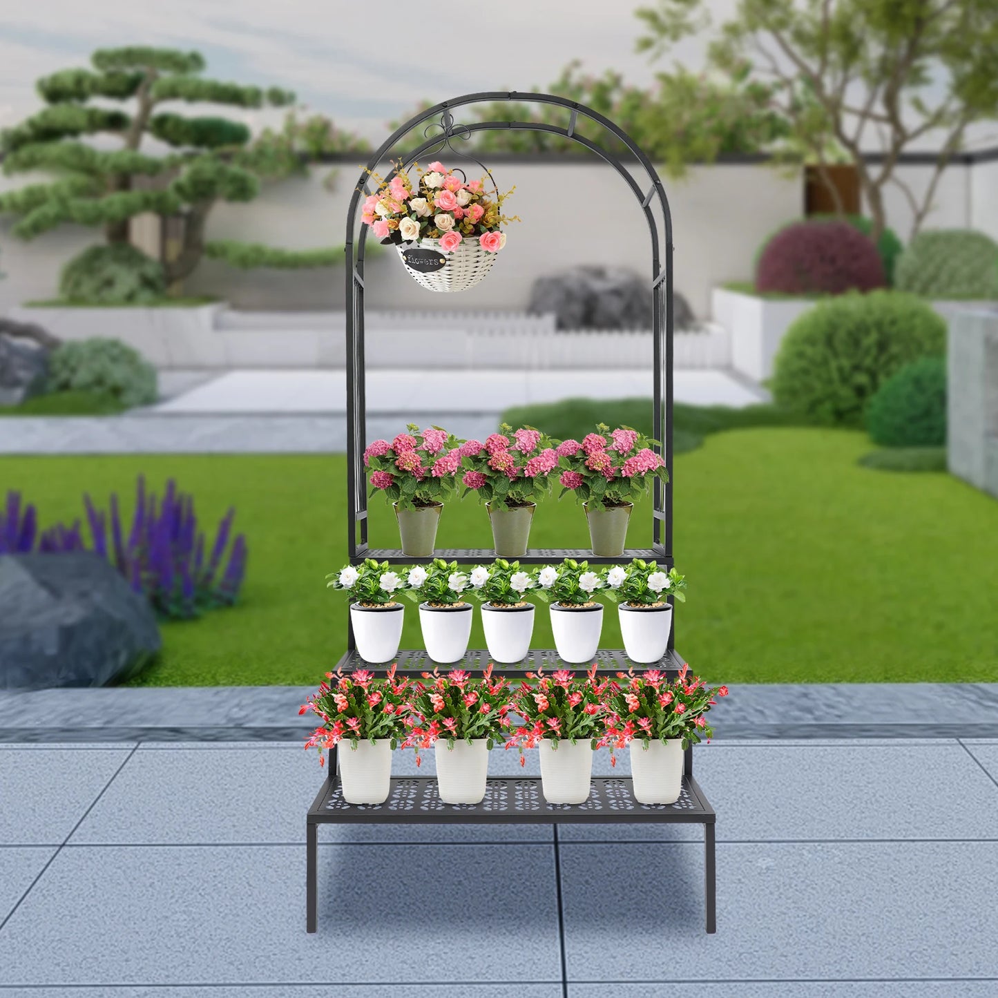 3 Tier Plant Stand with Garden Arch Flower Pot Holder Display Shelf Rack Garden Arbor Display for Climbing Plants Indoor/Outdoor