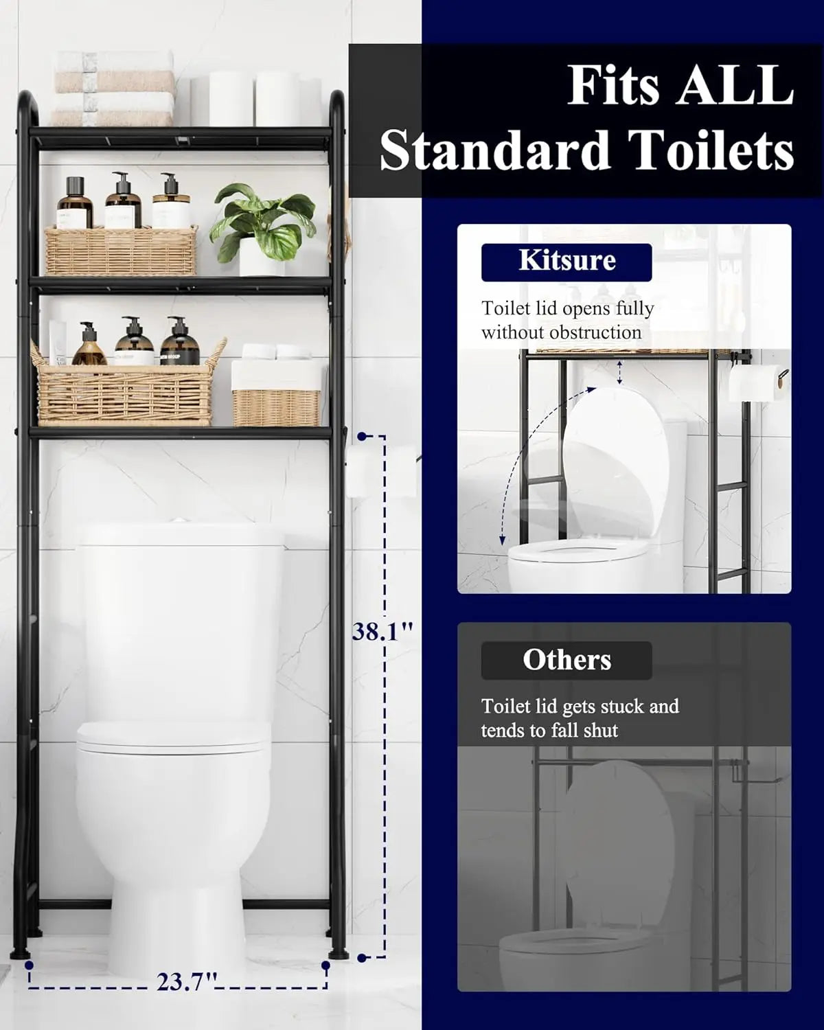 Over Toilet Storage Rack with Paper Holder and Hooks, 3-Tier Metal Bathroom Organizer Shelf in Black (63.2" H)