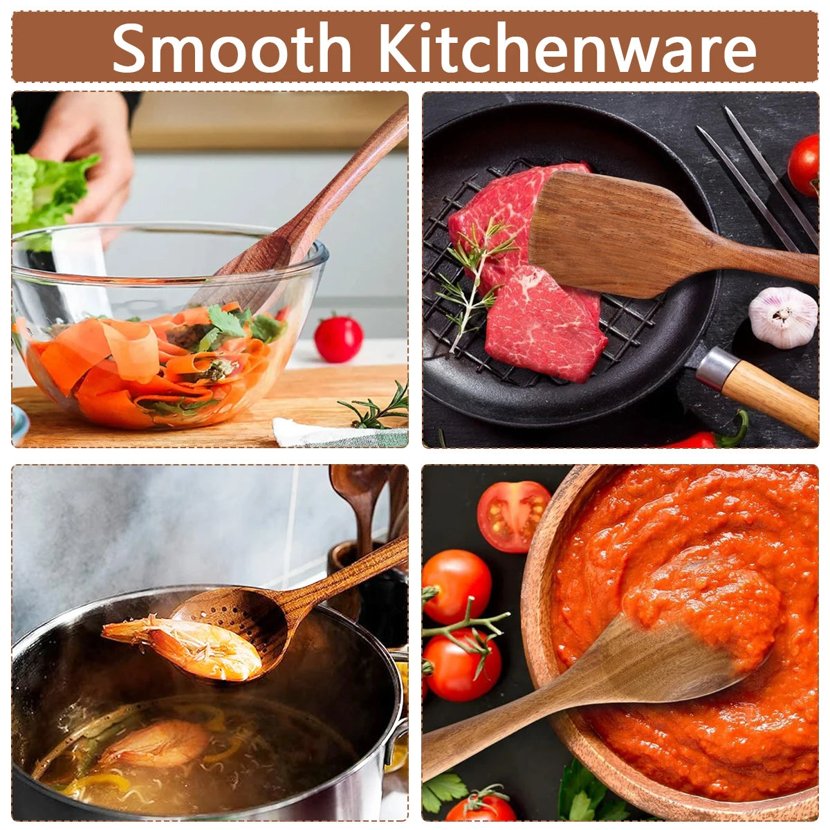 Five Piece Ergonomic Wooden Kitchen Utensils Set for Comfortable Cooking and Easy Prep