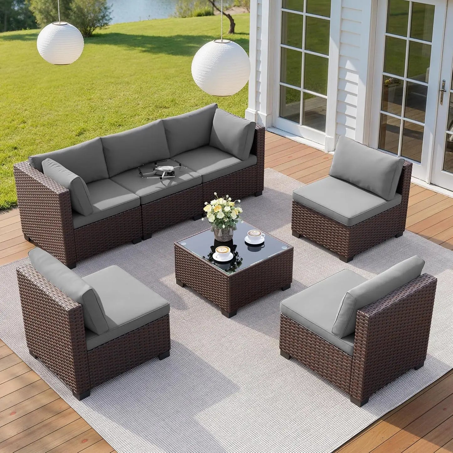 7 Pieces Outdoor Patio Furniture Set, PE Rattan Outdoor Wicker Sectional Furniture Sofa Set, with Cushions and, Customized