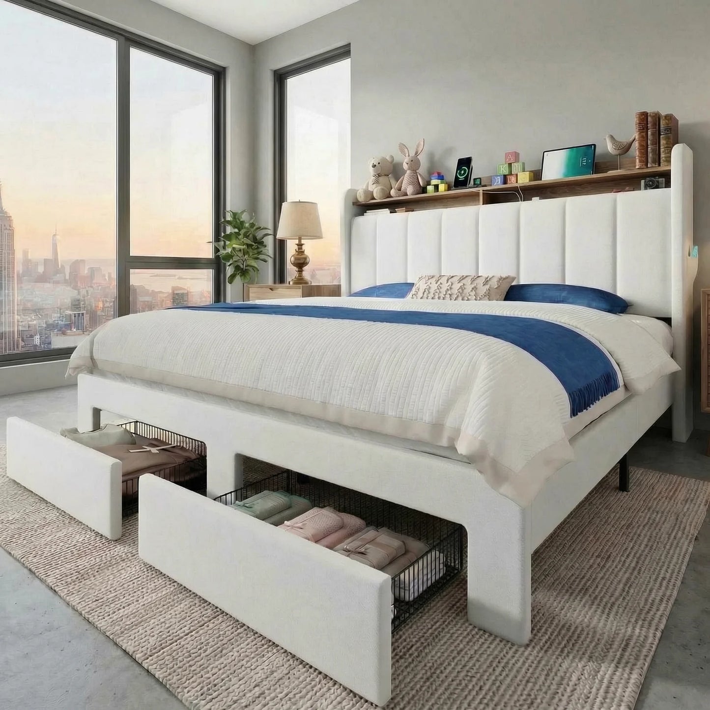 Hoomic Bed Frame With LED Lights And Charging Station Two Storage Drawers And Headboard Shelves