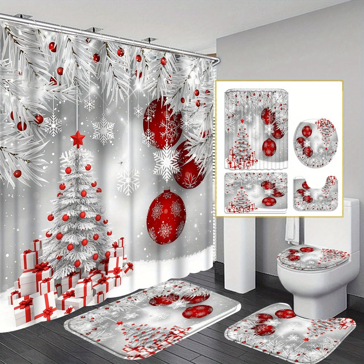 4pcs snowflake Christmas tree pattern printed shower curtain set, dry and wet separation bathroom four-piece set, home decoratio