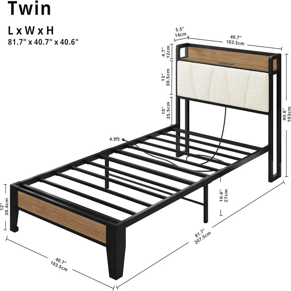 Likimio Bed Frame With Storage Headboard And Charging Station With USB Ports And Outlets With Heavy Duty Metal Slats