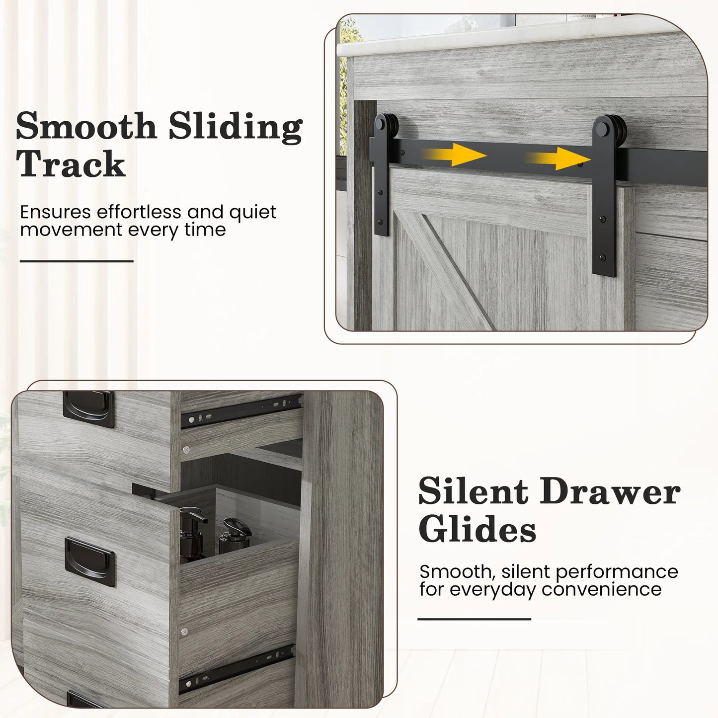 30" Farmhouse Single Bathroom Vanity with Ceramic Top, Sliding Barn Door Sink Vanity, Gray