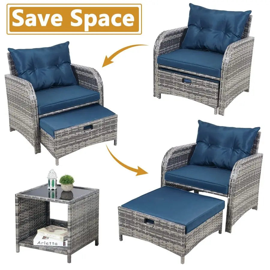 Pieces Wicker Outdoor Patio Chairs Set with Ottoman, All Weather PE Rattan Patio Conversation Furniture Set Outdoor Furniture Se