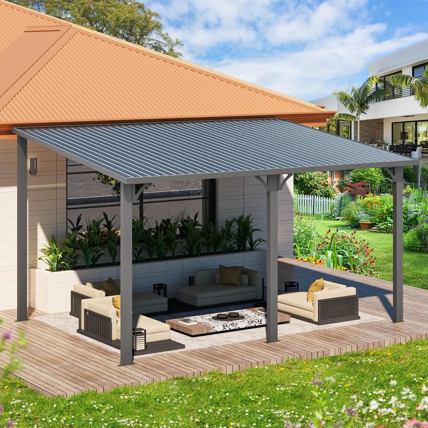 Hard Top Gazebo Pergola Wall Mounted Steel Roof