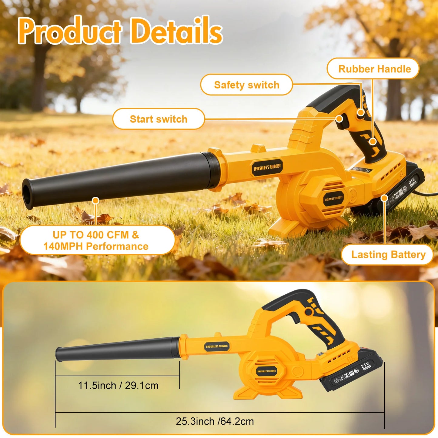 21V Brushless Leaf Blower Kit 150CFM Cordless with Two 2.0Ah Batteries and Detachable Tube