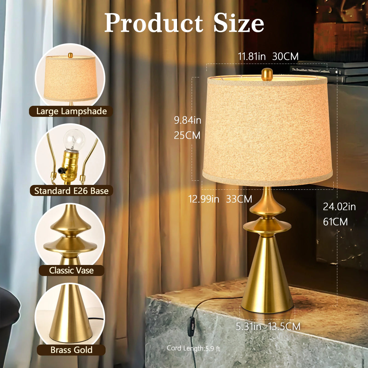 24 Inch Modern Gold Metal Table Lamp With White Fabric Shade For Bedroom and Living Room