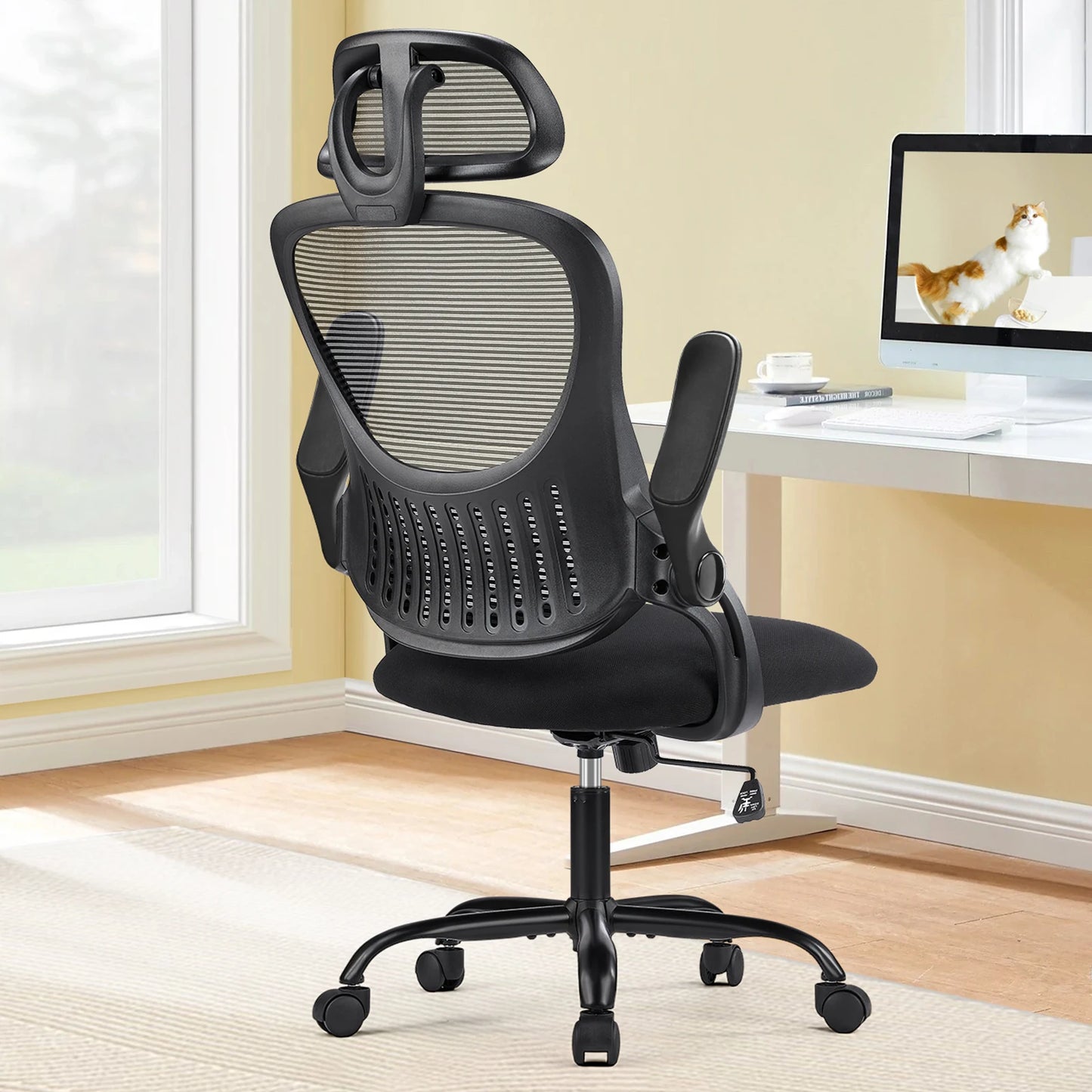 Ergonomic Mesh Office Chair With Flip Up Arms Lumbar Support Breathable Lace Mesh Back Adjustable High Density Seat
