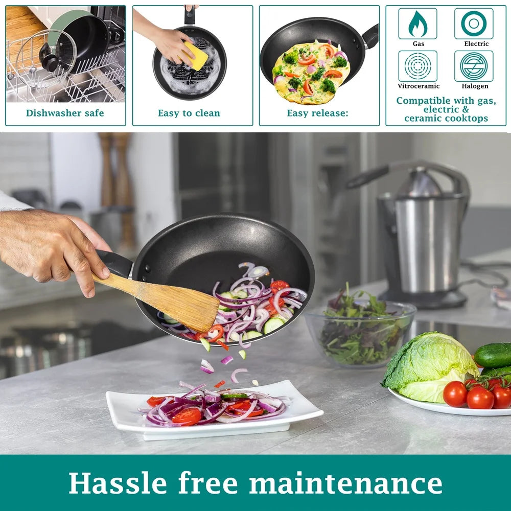 7 Piece Nonstick Cookware Set Lightweight Aluminum Pots and Pans Dishwasher Safe Easy Cleanup Cooking Essentials Beginners and