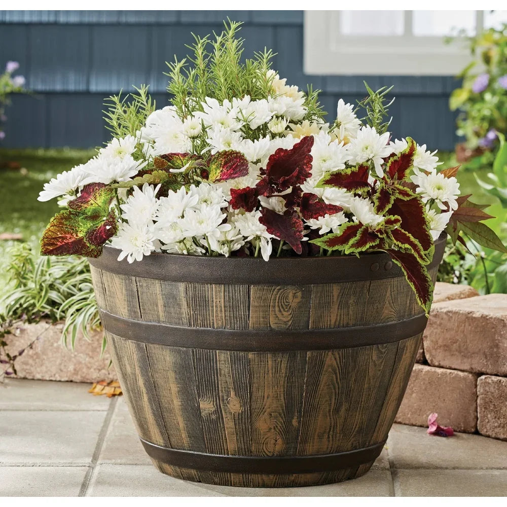 Rustic Whiskey Barrel Planter UV Resistant Polypropylene Indoor Outdoor