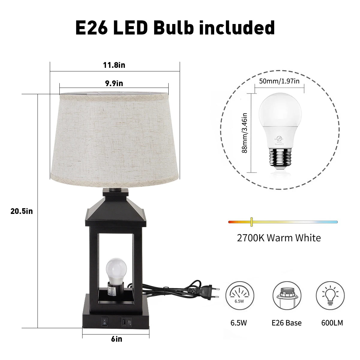 IndustrialGrade Contemporary Farmhouse BedsideNightstand Table Lamps 2Pack With DimmableControl