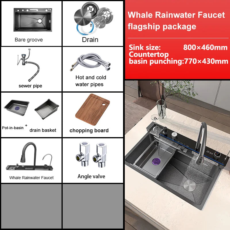 BusySink Stainless Steel Waterfall Kitchen Sink With Digital Display In Range Of Sizes 75x46x22 CM To 100x50x23 CM