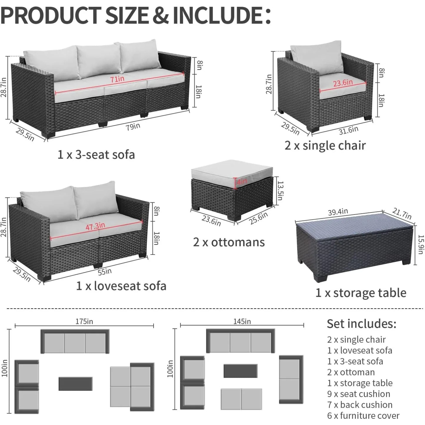 Patio Furniture Sets 7 Pieces Outdoor Furniture Sectional Patio Couches Set with Storage Table Light Grey Cushions