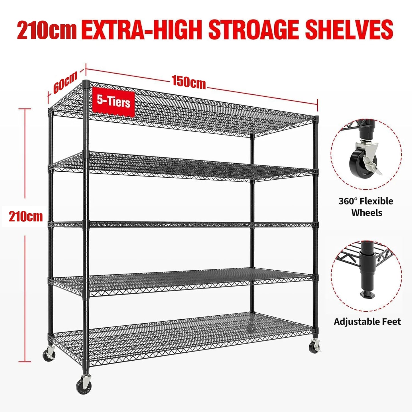 Industrial Storage Shelving Unit with Wheels Wire Shelving Adjustable Metal Pantry Shelves for Garage Kitchen Closet Commercial