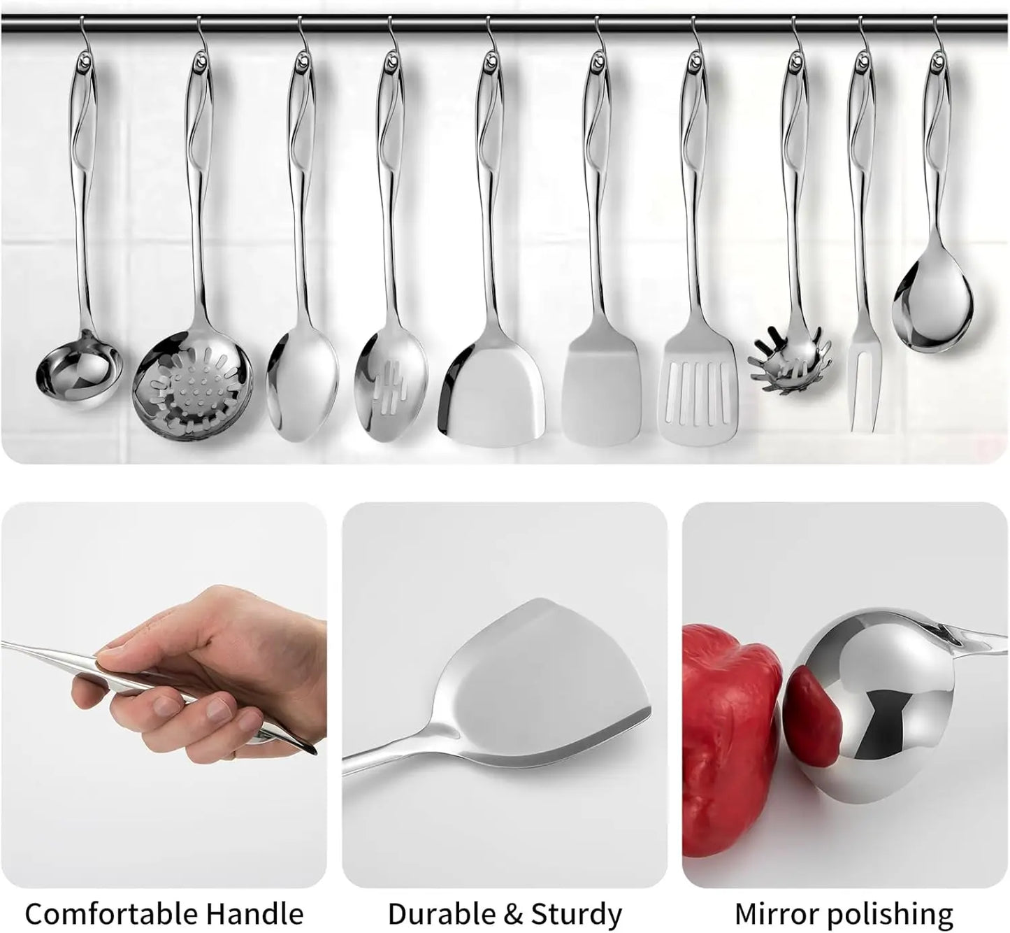 Stainless Steel 10 Piece Utensil Set Dishwasher Safe PremiumGradeStainless Construction