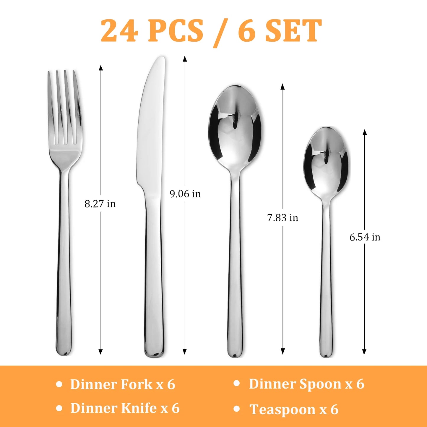 HANSMART 24PCS Stainless Steel Flatware Set for 6 with Includes Knives Forks Spoons for Home or Hotel Mirror finish processing