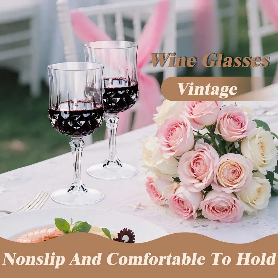 Plastic Wine Glasses 24 Piece Set Disposable Stemmed Goblets With Crystal Like Diamond Pattern 7 Oz