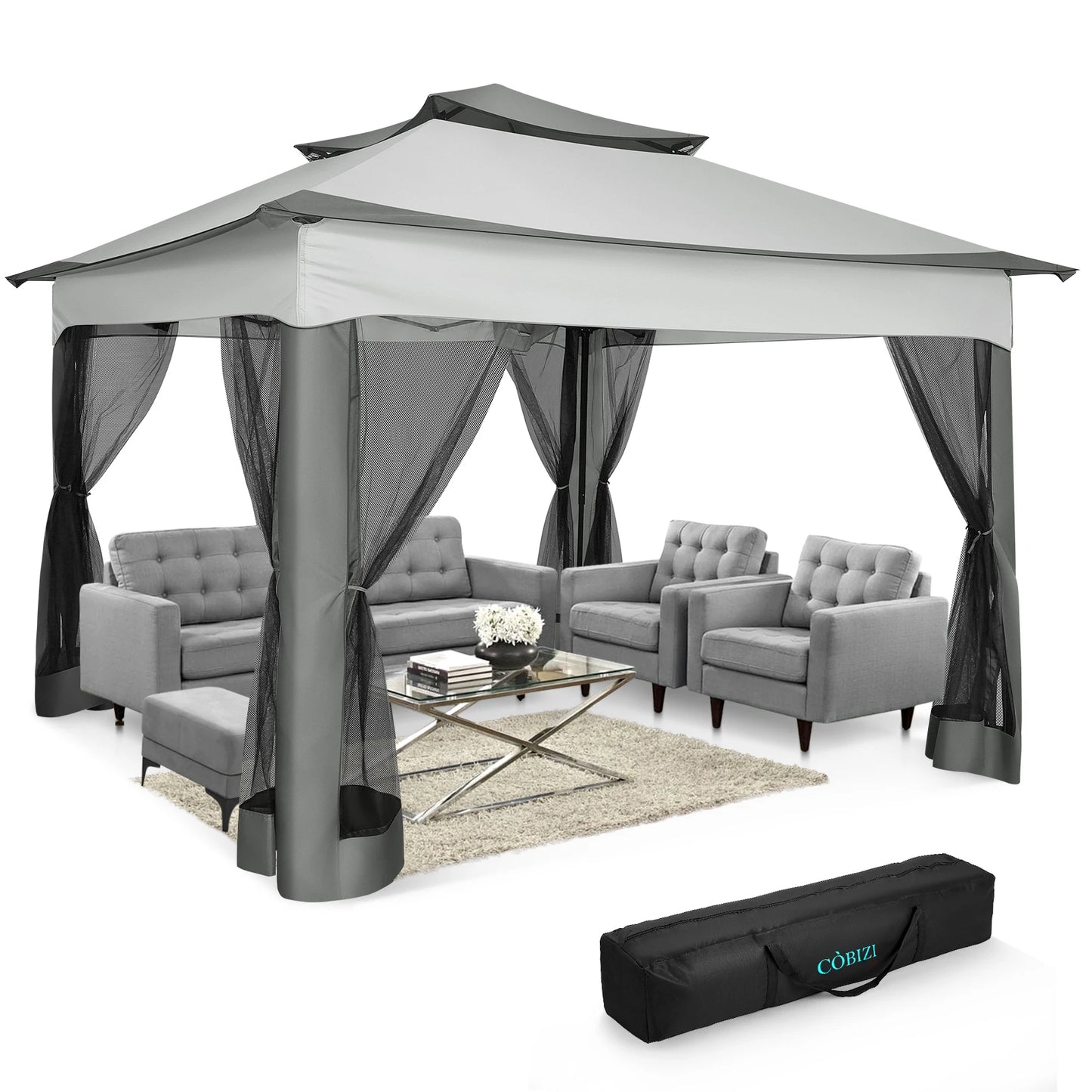 Tooluck CN Pop Up Gazebo With Mosquito Netting Carry Bag 11x11 Footprint Extended Awning Fits 8 To 10 People
