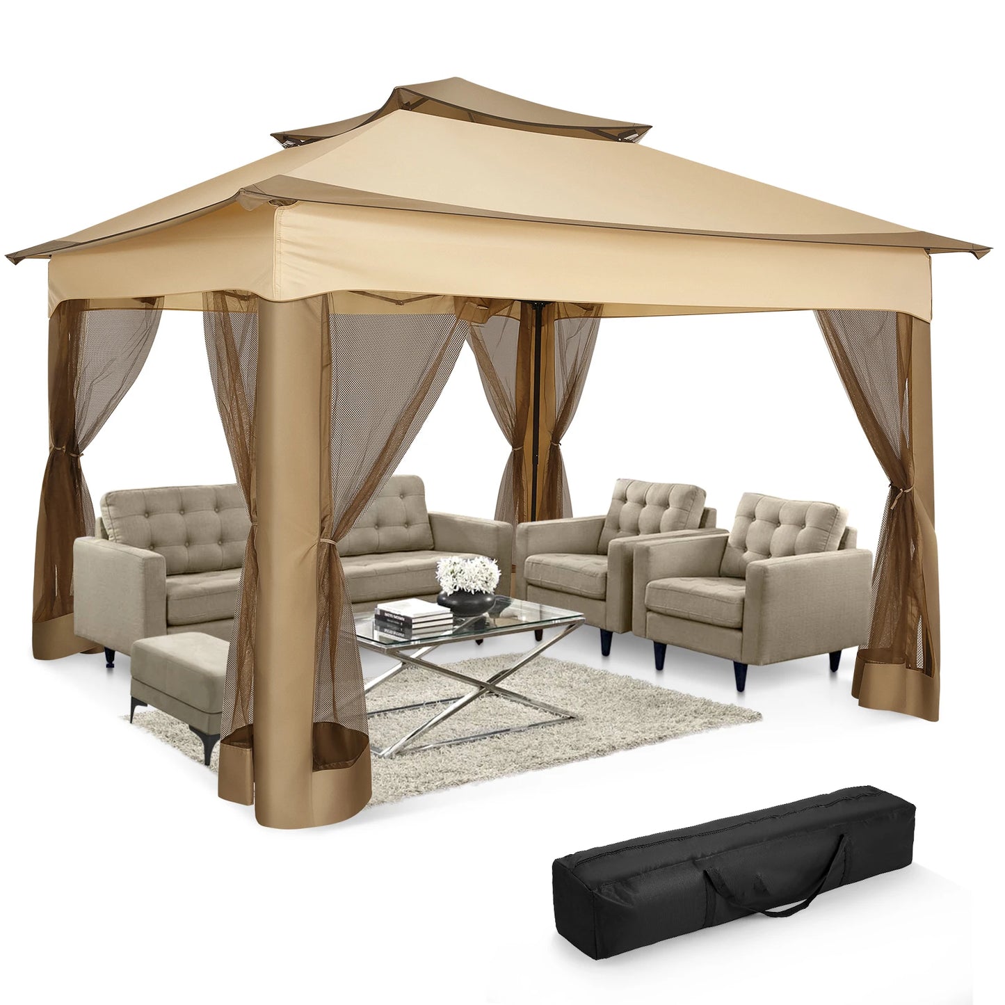 Tooluck CN Pop Up Gazebo With Mosquito Netting Carry Bag 11x11 Footprint Extended Awning Fits 8 To 10 People