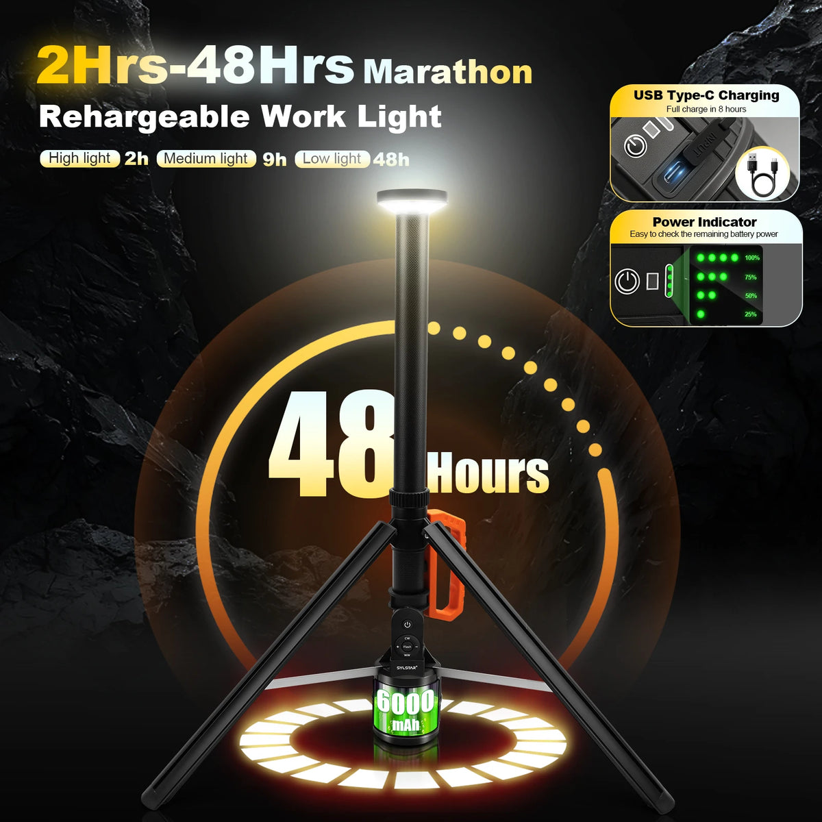 3000lm Rechargeable Work Light With Remote 8.4Ft Telescopic Camping Lamp
