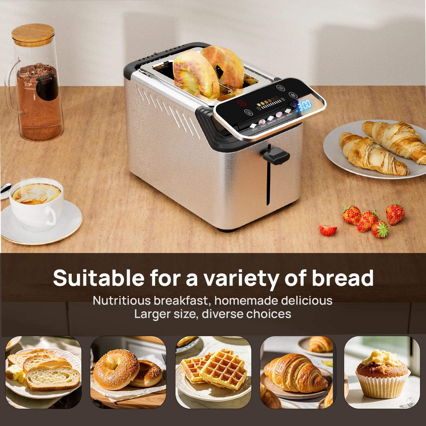 WHALL Stainless Steel Toaster With Smart Screen And Five Functions