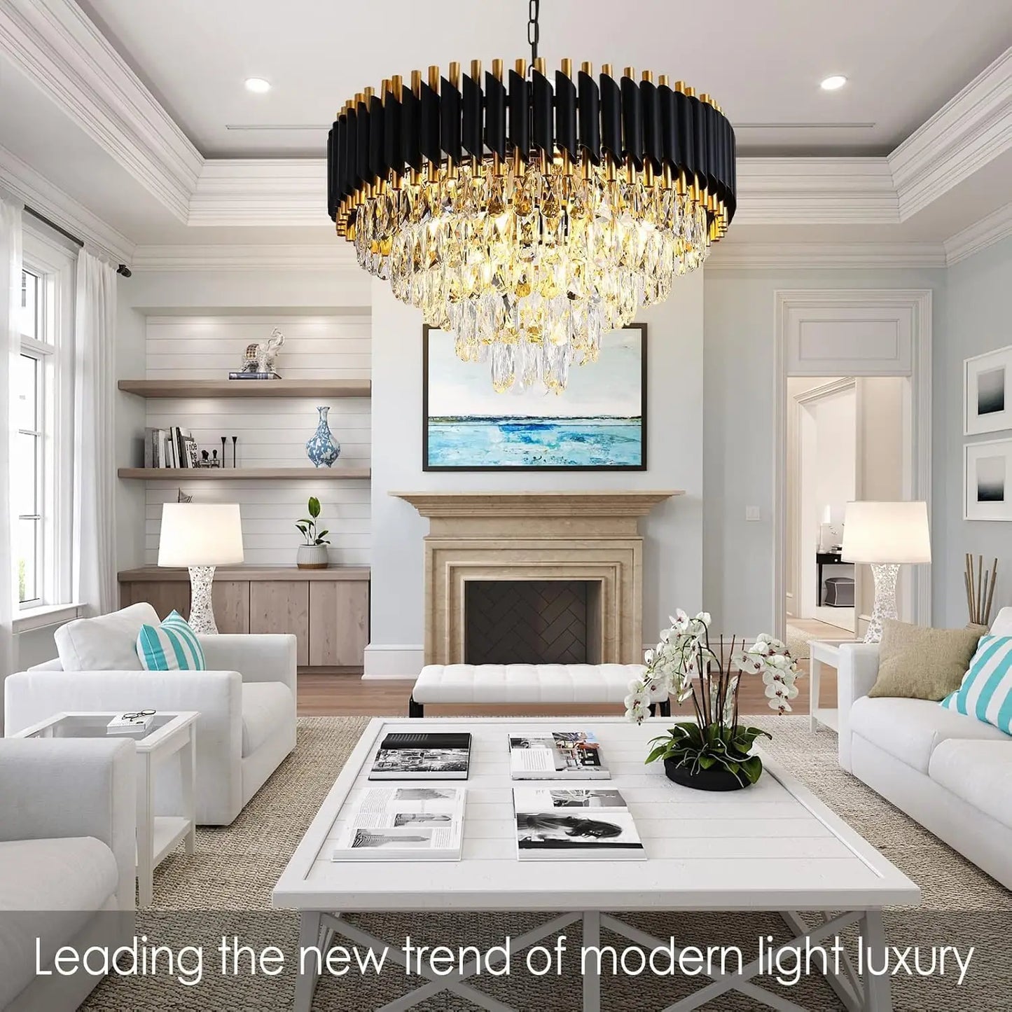 Modern Black And Gold 5-Tier K9 Crystal Chandelier Dimmable