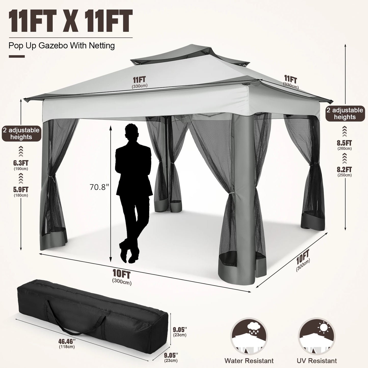 Tooluck CN Pop Up Gazebo With Mosquito Netting Carry Bag 11x11 Footprint Extended Awning Fits 8 To 10 People