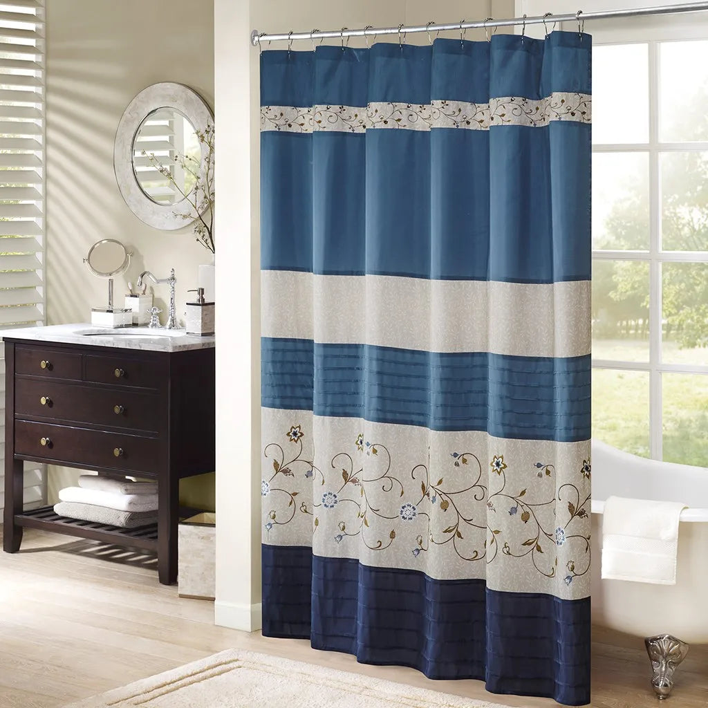 Faux Silk Embroidered Floral Shower Curtain Polyester Fabric Luxurious Boutiquelike