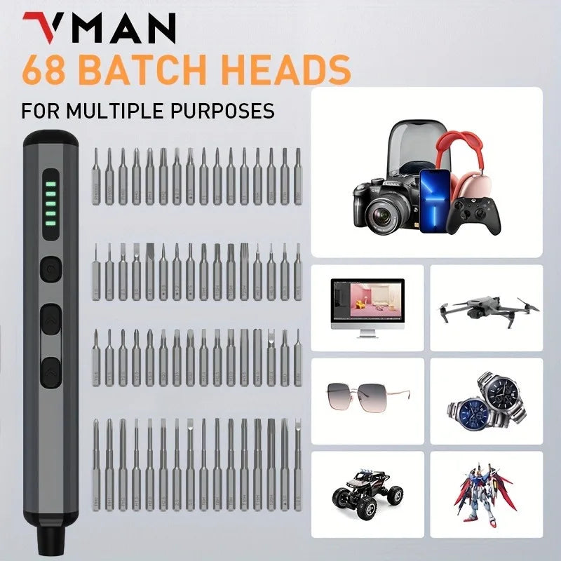 Vman SixtyEightInOne PrecisionEngineered Electric Screwdriver Toolset With Magnetic Bits Compact