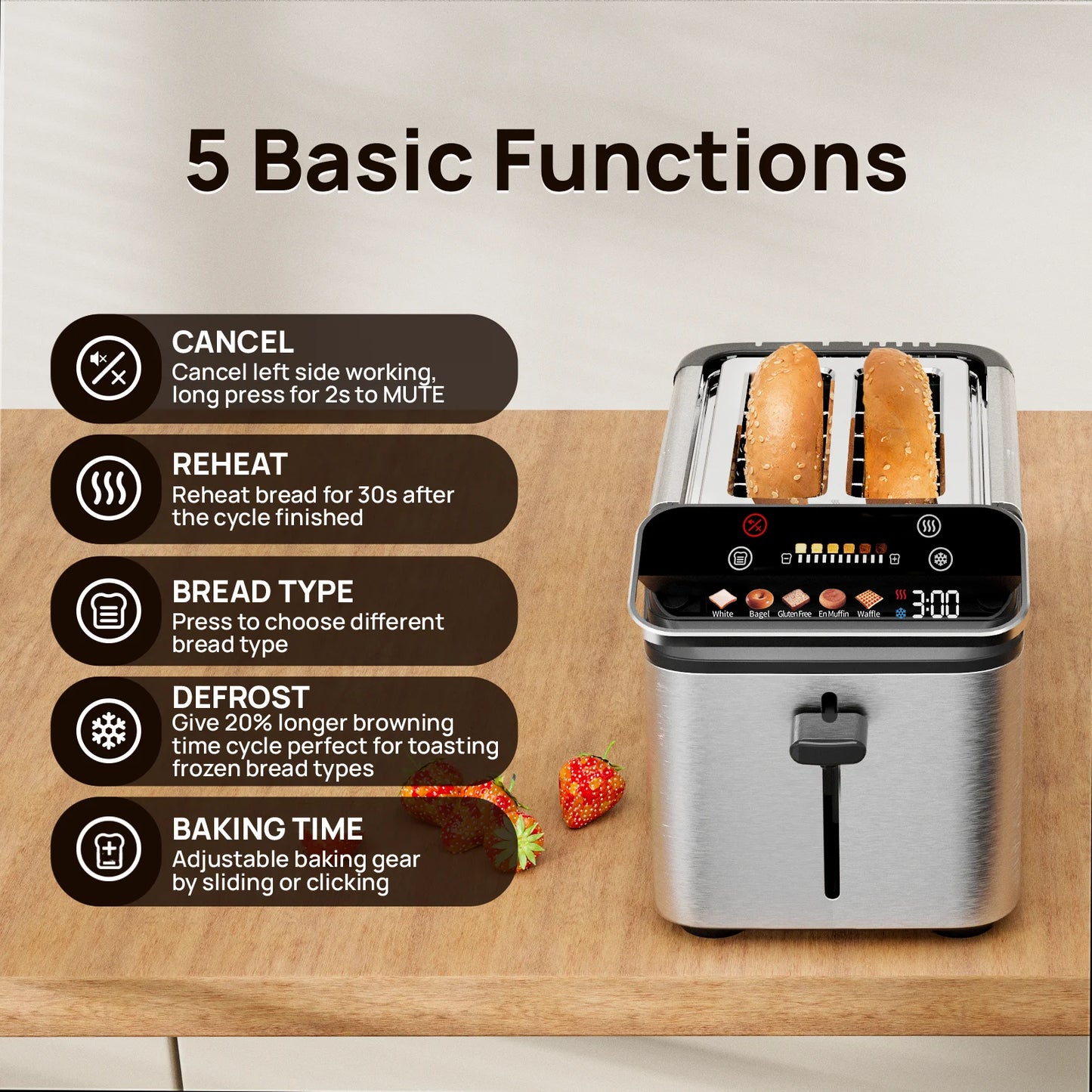 WHALL Stainless Steel Toaster With Smart Screen And Five Functions