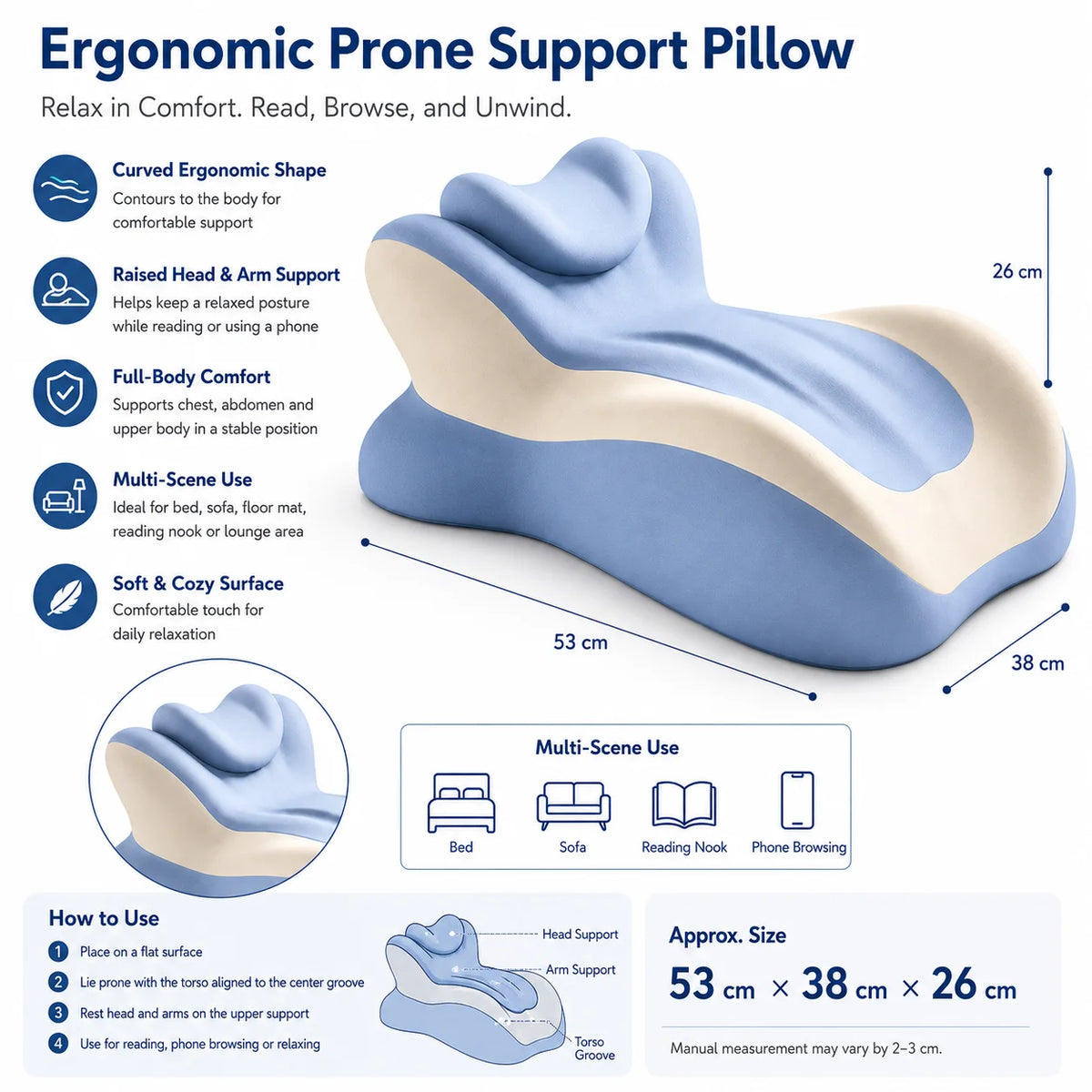 Memory Foam Prone Reading Pillow With Removable Headrest And Neck Support
