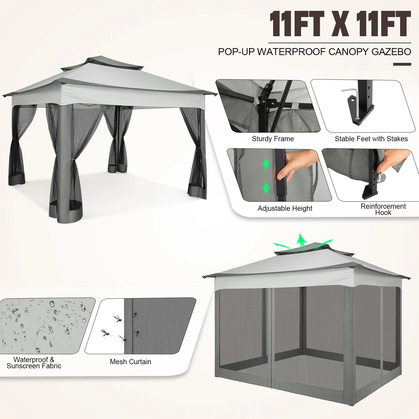 Tooluck CN Pop Up Gazebo With Mosquito Netting Carry Bag 11x11 Footprint Extended Awning Fits 8 To 10 People