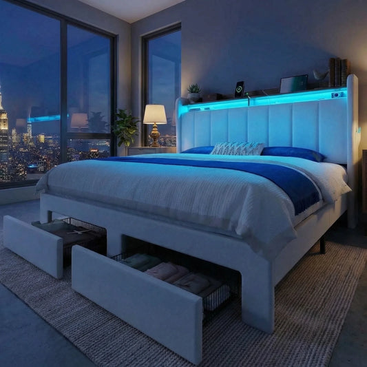 Hoomic Bed Frame With LED Lights And Charging Station Two Storage Drawers And Headboard Shelves