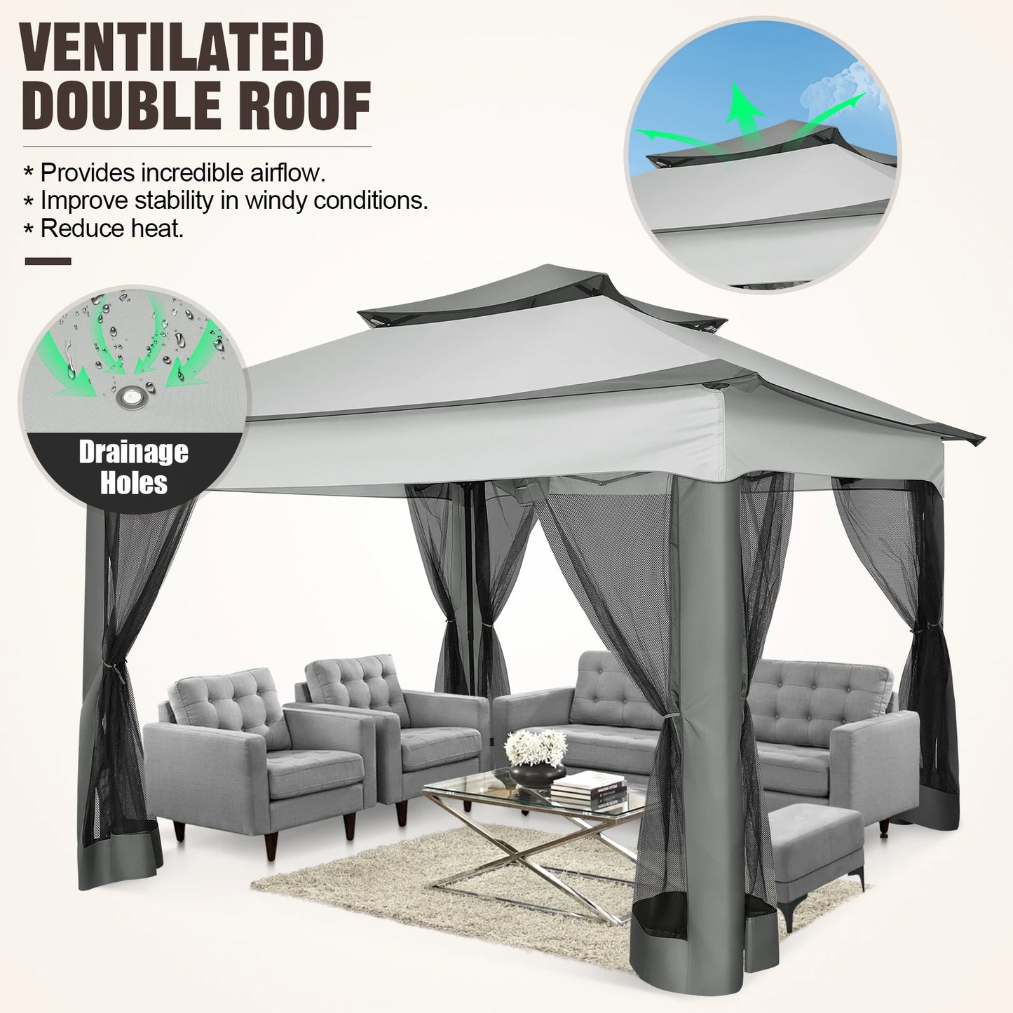Tooluck CN Pop Up Gazebo With Mosquito Netting Carry Bag 11x11 Footprint Extended Awning Fits 8 To 10 People