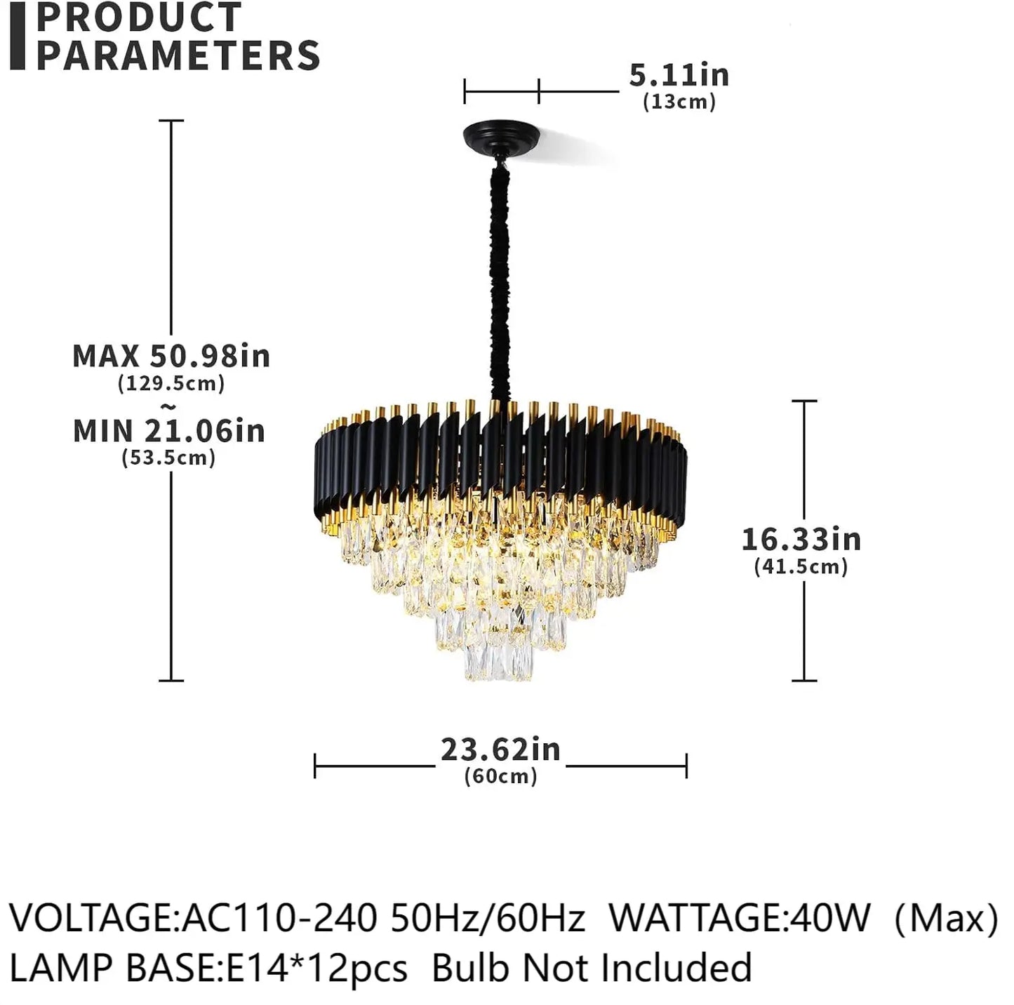 Modern Black And Gold 5-Tier K9 Crystal Chandelier Dimmable