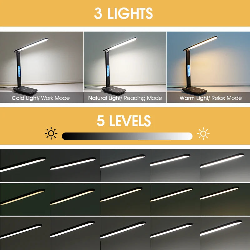 LAOPAO 10W Qi Wireless Charging LED Desk Lamp With Calendar Temperature Alarm Clock Eye Protection For Study And Office
