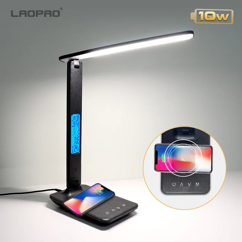 LAOPAO 10W Qi Wireless Charging LED Desk Lamp With Calendar Temperature Alarm Clock Eye Protection For Study And Office